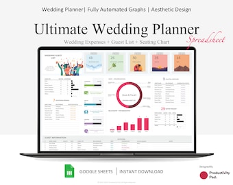 Digitale bruiloftplanner-spreadsheet voor Google Spreadsheets | Bruiloftskosten, gastenlijst bruiloft, Stoelindeling, Alles-in-één bruiloftplanner