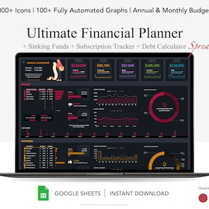 Könnte beinhalten: Ein Laptop-Bildschirm zeigt eine dunkel gestaltete Google Sheets-Tabelle mit Diagrammen und Grafiken. Die Tabelle trägt den Titel "Ultimate Financial Planner" und umfasst Funktionen wie Sparfonds, Abonnement-Tracking und einen Schuldenrechner. Die Tabelle ist für die Verwaltung der persönlichen Finanzen konzipiert.