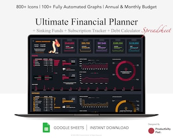 Annual and Monthly Budget Planner for Google Sheets, Sinking Funds, Debt Repayment, Subscription Tracker, Financial Planner, Dark Mode