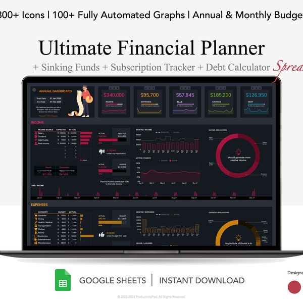 Annual and Monthly Budget Planner for Google Sheets, Sinking Funds, Debt Repayment, Subscription Tracker, Financial Planner, Dark Mode
