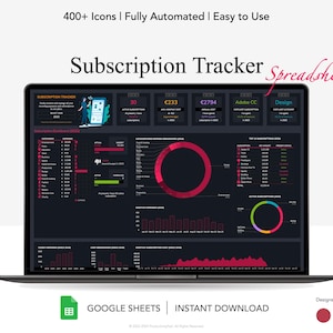 May include: A laptop screen displaying a Google Sheets spreadsheet with a dark background and colourful charts and graphs. The spreadsheet is titled "Subscription Tracker Spreadsheet". The spreadsheet includes a list of subscriptions, their costs, and their renewal dates. The spreadsheet also includes a variety of charts and graphs that visualise the data. The spreadsheet is designed to help users track their subscriptions and manage their finances.