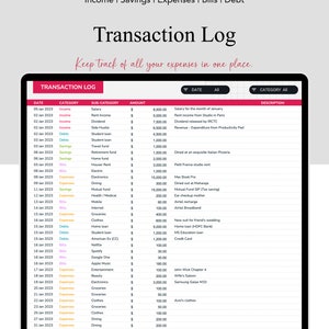 May include: A screenshot of a transaction log spreadsheet with columns for date, category, sub-category, amount, and description. The spreadsheet is used to track income, savings, expenses, bills, and debt.