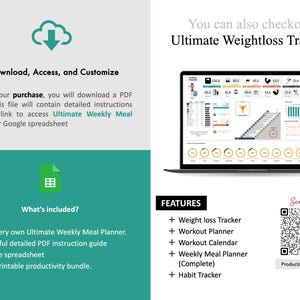 Op de afbeelding: Een digitale download voor een gewichtsverlies-tracker, een maaltijdplanner en een gewoontetracker. De afbeelding toont een laptopscherm met een kleurrijke spreadsheet en een QR-code om te scannen voor meer informatie. De tekst op de afbeelding luidt "Ultimate Weightloss Tracker" en "Downloaden, toegang krijgen en aanpassen".