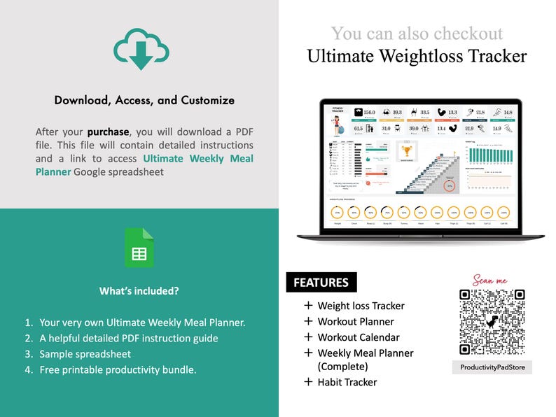 Op de afbeelding: Een digitale download voor een gewichtsverlies-tracker, een maaltijdplanner en een gewoontetracker. De afbeelding toont een laptopscherm met een kleurrijke spreadsheet en een QR-code om te scannen voor meer informatie. De tekst op de afbeelding luidt "Ultimate Weightloss Tracker" en "Downloaden, toegang krijgen en aanpassen".