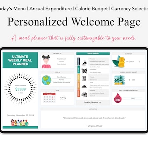 Op de afbeelding: Een digitale maaltijdplanner met een groene en witte interface. De planner bevat secties voor een wekelijks maaltijdplan, een boodschappenbudget, een caloriebudget en een valutaselectie. De tekst "Ultimate Weekly Meal Planner" staat bovenaan het scherm. De tekst "Personalized Welcome Page" staat bovenaan het scherm. De tekst "A meal planner that is fully customizable to your needs." staat onder de titel. De tekst "Saturday, November 23, 2024" staat onderaan het scherm. De tekst "&euro; 3339" staat in een cirkel op het scherm. De tekst "2024" staat op het scherm. De tekst "Today's Menu" staat op het scherm. De tekst "Currency" staat op het scherm. De tekst "USD" staat op het scherm. De tekst "Weekly Grocery Budget" staat op het scherm. De tekst "&euro; 150" staat op het scherm. De tekst "Daily Calorie Intake Budget" staat op het scherm. De tekst "1000" staat op het scherm. De tekst "ECAL" staat op het scherm. De tekst "One cannot think well, love well, sleep well if one has not dined well." staat op het scherm. De tekst "Virginia Woolf" staat op het scherm.