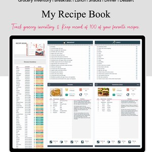 Op de afbeelding: Een digitale planner in blauw en grijs. De planner heeft de titel "Mijn receptenboek" en bevat secties voor boodschappeninventaris, ontbijt, lunch, snacks, diner en dessert. De planner is ontworpen om gebruikers te helpen hun boodschappeninventaris bij te houden en een register bij te houden van hun favoriete recepten.