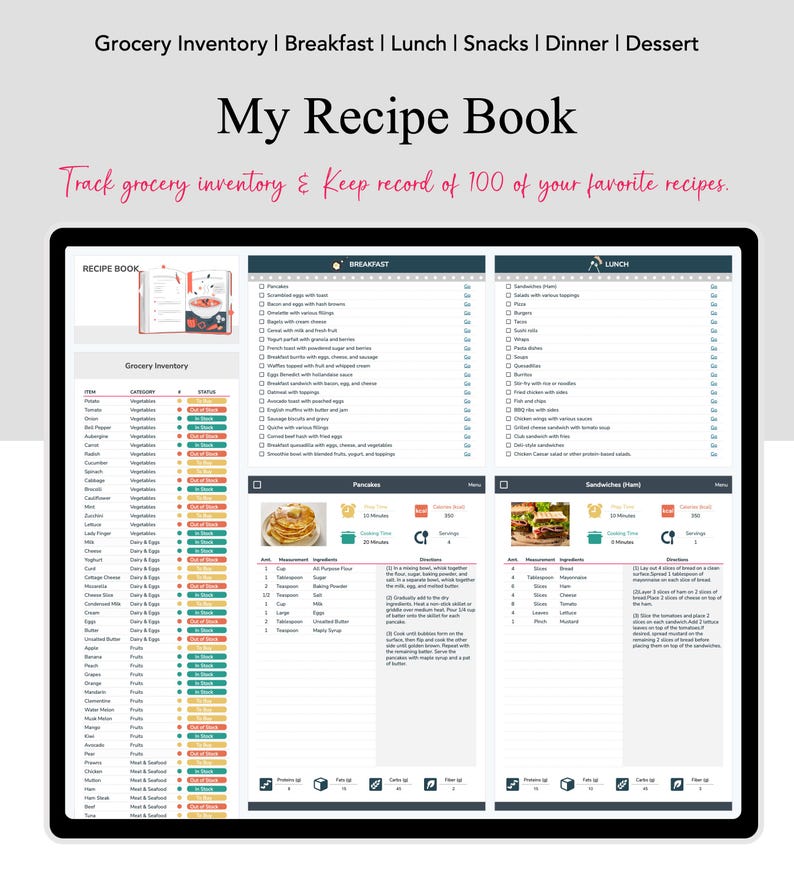 Op de afbeelding: Een digitale planner in blauw en grijs. De planner heeft de titel "Mijn receptenboek" en bevat secties voor boodschappeninventaris, ontbijt, lunch, snacks, diner en dessert. De planner is ontworpen om gebruikers te helpen hun boodschappeninventaris bij te houden en een register bij te houden van hun favoriete recepten.