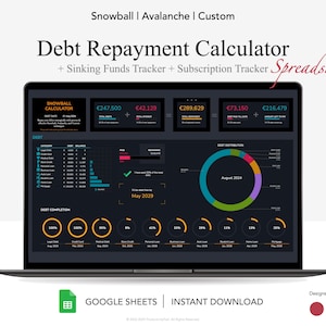Calculadora de pago de deudas Hoja de cálculo de Google, Rastreador de pago de deudas, Calculadora Snowball, Liquidación de deudas, Planificador financiero, Modo oscuro