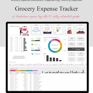 May include: A computer screen displaying a colorful spreadsheet with charts and graphs tracking grocery expenses. The spreadsheet includes a monthly budget, actual spending, and a breakdown of grocery store visits. The title of the spreadsheet is "Grocery Expense Tracker".