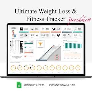 Gewichtsverlies en fitnesstracker Spreadsheet voor Google Spreadsheets, maaltijdplanner, calorietracker, digitale workoutplanner, grafiek lichaamsmeting