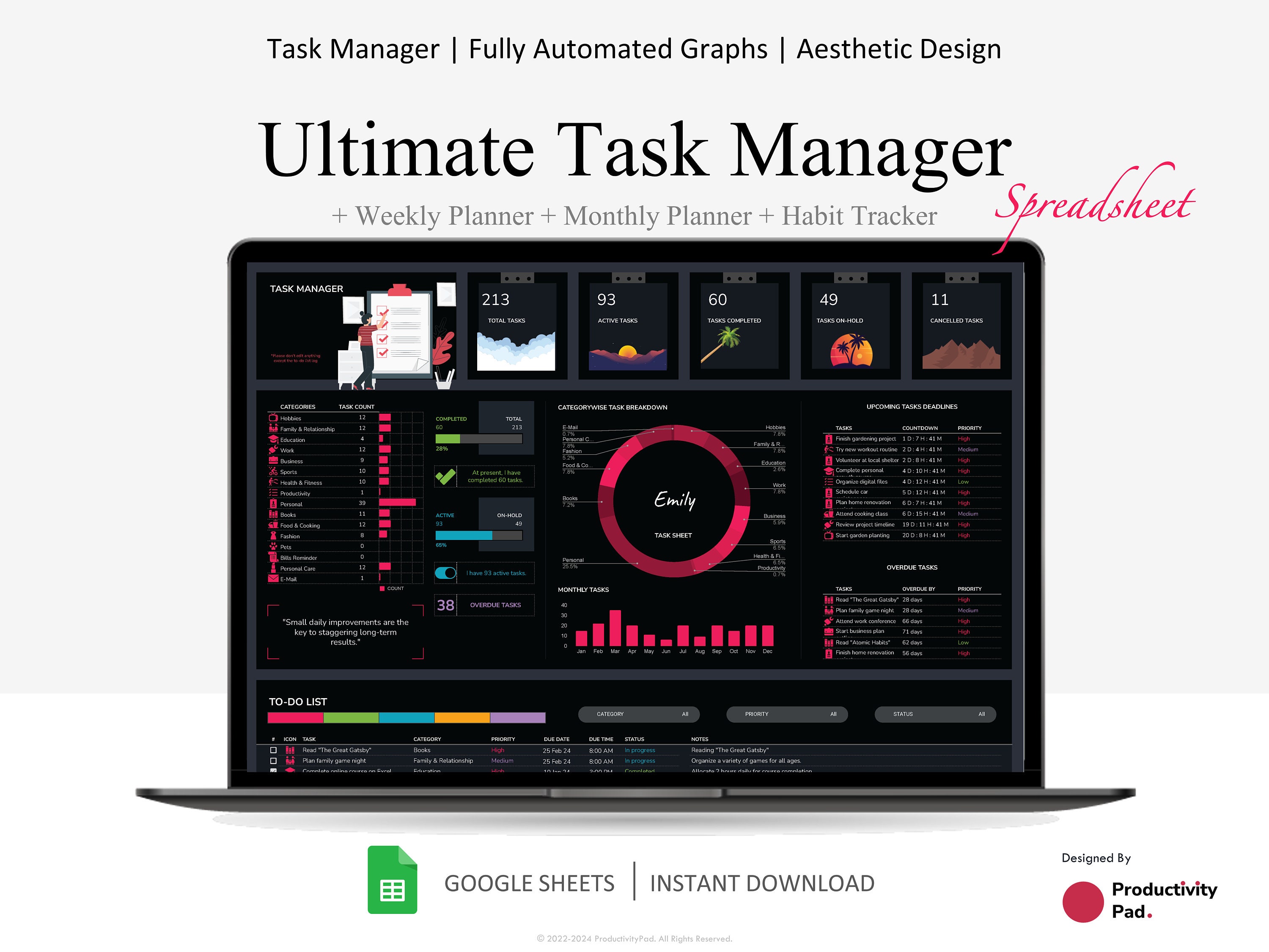 To-do List Spreadsheet for Google Sheets | Task Tracker, Daily Planner, Weekly and Monthly Planner, Annual Goals, Habit Tracker, Dark Mode