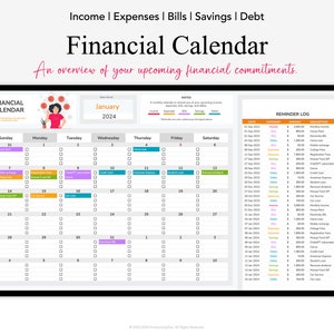 May include: A computer screen displaying a financial calendar for January 2024. The calendar is divided into days of the week, with each day having a list of tasks or reminders. The screen also includes a reminder log with a list of financial transactions and their descriptions.
