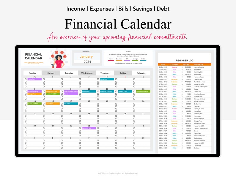 May include: A computer screen displaying a financial calendar for January 2024. The calendar is divided into days of the week, with each day having a list of tasks or reminders. The screen also includes a reminder log with a list of financial transactions and their descriptions.