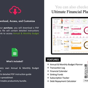 May include: A digital illustration of a computer screen showing a colorful spreadsheet with charts and graphs. The text "Ultimate Financial Planner" is displayed above the spreadsheet. The image also includes a QR code with the text "Scan me" and "ProductivityPadStore".