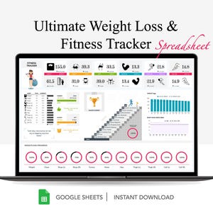 Gewichtsverlies en fitnesstracker Spreadsheet voor Google Spreadsheets, maaltijdplanner, calorietracker, digitale workoutplanner, grafiek lichaamsmeting