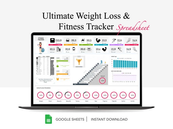 Weight Loss & Fitness Tracker: Meal Planner, Body Measurement (Google Sheets)