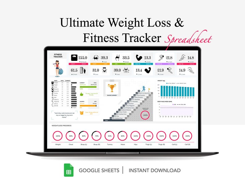 May include: A laptop computer screen displaying a Google Sheets spreadsheet with a colorful fitness tracker. The spreadsheet includes charts, graphs, and progress indicators for weight loss and fitness goals. The text "Ultimate Weight Loss & Fitness Tracker Spreadsheet" is displayed at the top of the screen.