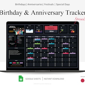 Könnte beinhalten: Ein Laptop-Bildschirm zeigt eine Google Sheets-Tabellenvorlage zum Verfolgen von Geburtstagen und Jahrestagen. Die Tabelle hat eine Kalenderansicht für Januar 2024 mit Abschnitten für wichtige Daten, Geschenkideen und eine Legende. Die Vorlage wurde von Productivity Pad entworfen.