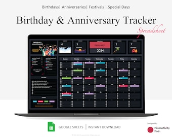 Spreadsheet voor verjaardag en jubileum voor Google Spreadsheets, jaarlijkse verjaardag, familieverjaardagtracker, aankomende evenementen, verjaardagskalender