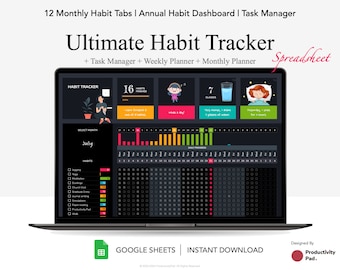 Gewoontetracker-spreadsheet Google Spreadsheets | Week-, maand- en jaarplanner | Stemming, water, slaaptracker | Takenlijst | Taakbeheer