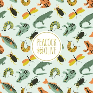 Garçons de modèle sans couture | Camp d&#39;été poisson grenouille insecte nature insecte libellule | Fichier de téléchargement numérique pour tissu | Utilisation commerciale | Vert Orange