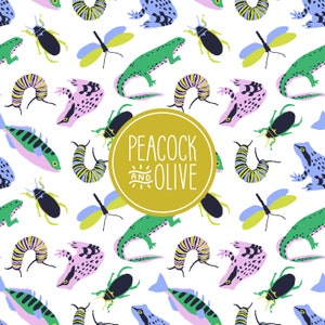 Girls Fish Frog Bug Seamless Pattern File for Fabric | Nature Insect Dragonfly Beetle | Summer Camp Print | Commercial Use | Lilac & Lime