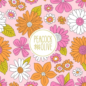 Seamless Floral Pattern | Digital Download File for Fabric | Girls Retro Flower Child Print | Summer | For Commercial Use | Pink & Orange