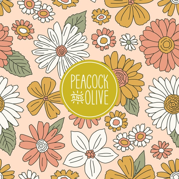 Retro Flowers Seamless Pattern | Digital Download File for Fabric & Paper | Girls Summer Boho Floral | Pink, Mustard, Sage | Commercial Use