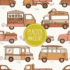 Car Digital Seamless Pattern File for Fabric | Food Truck Vintage Vehicles Retro Campers | Kids Novelty | For Commercial Use | Girls Neutral