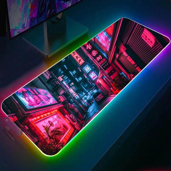 Mauspad Tokyo City, japanische Architektur RGB Gaming Schreibtischmatte, Gaming Schreibtischunterlage und LED-Licht Mousepad. Büro Dekor Mauspad.