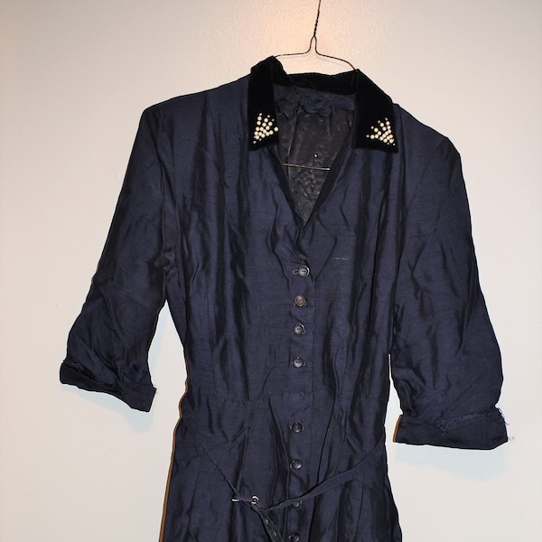 Vintage 1940s 1950s Rayon Womens Dark Blue Dress Evening Beaded Details