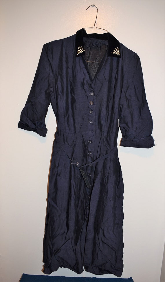 Vintage 1940s 1950s Rayon Womens Dark Blue Dress E