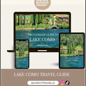 Peut inclure: Un guide de voyage numérique pour le lac de Côme, en Italie. Le guide est affiché sur un ordinateur portable, une tablette et un smartphone. Le guide comprend des informations et des conseils pour une excursion d'une journée de Côme à la Suisse. Le guide est intitulé "Le guide ultime du lac de Côme" et comprend le nom de profil sur les réseaux sociaux @harjtravels.