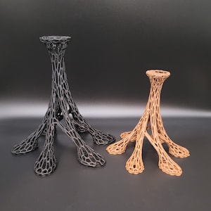 Può includere: Due portacandele decorativi realizzati con un design a traliccio nero e marrone. Il portacandele più grande è nero e quello più piccolo è marrone.