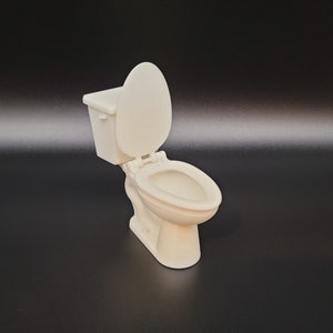 Op de afbeelding: Een wit plastic model van een toilet met de deksel omhoog.