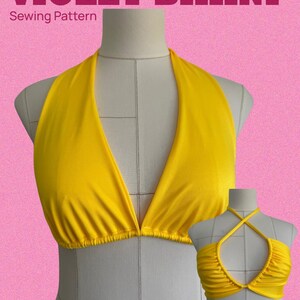 May include: A yellow bikini top sewing pattern displayed on a mannequin. The text reads VIOLET BIKINI Sewing Pattern and XXS - XXXL A4 & US Letter PDF. The design features a halter neck style with gathered fabric details at the center front.