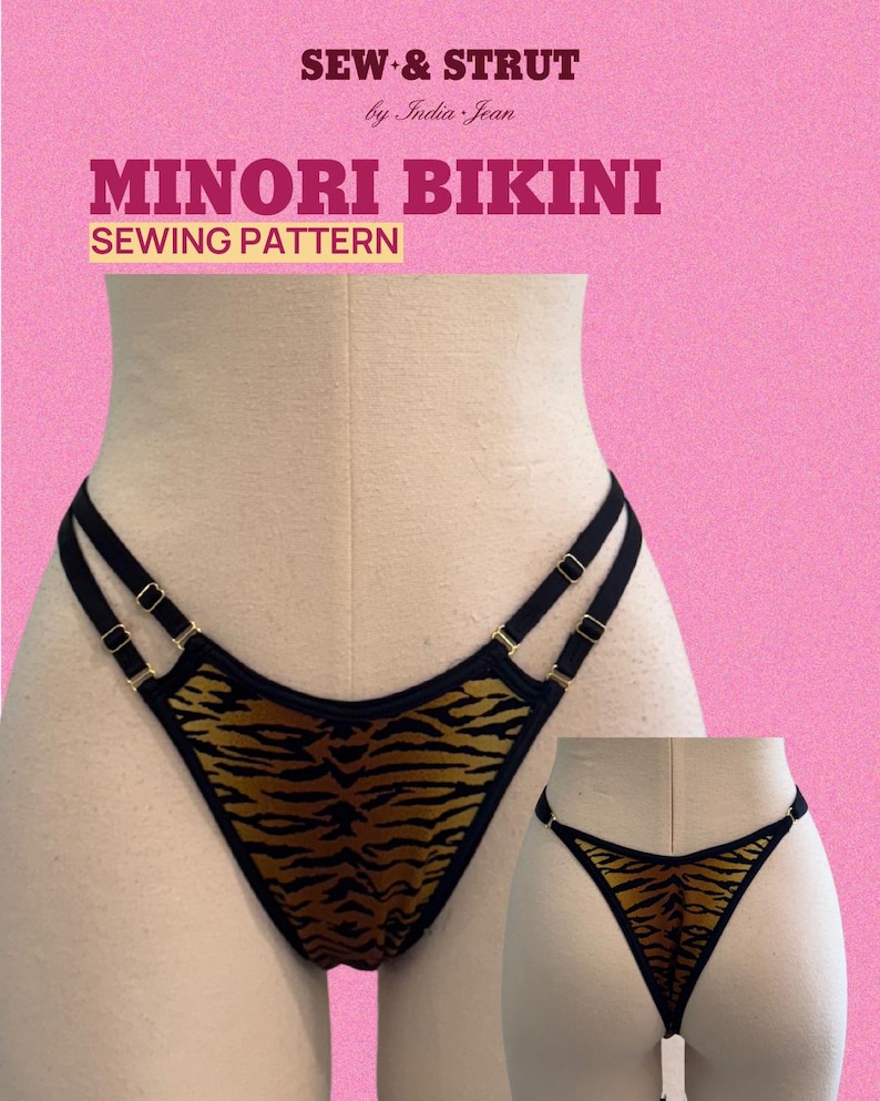 May include: A Minori Bikini sewing pattern displayed on a mannequin. The bikini bottom features a tiger stripe print with black straps and gold-colored hardware. The text "Sew & Strut" and "Minori Bikini Sewing Pattern" are visible.