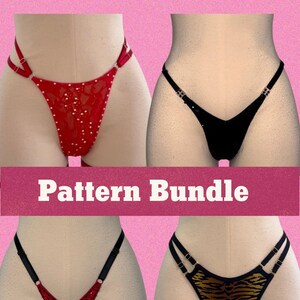 May include: Image showing four bikini bottoms. The text at the top reads "AMALFI BIKINI" and the bottom reads "Pattern Bundle". The bikini bottoms are red, black, and tiger print. The red bikini has white polka dots.