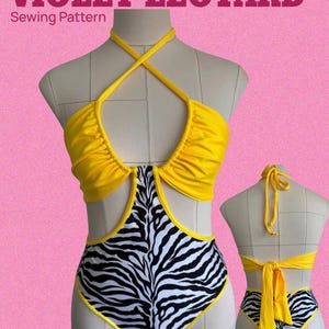 May include: A Violet Leotard sewing pattern featuring a yellow halter-neck top with gathered fabric and a black and white zebra-print bottom section. The garment includes yellow straps that tie at the back. Text reads Violet Leotard Sewing Pattern XXS-XXXL A4 & US Letter PDF.