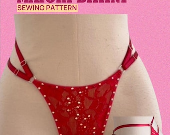 May include: Red Maiori bikini sewing pattern. The bikini bottom is red with a floral lace pattern and small, scattered embellishments. The top of the image has the text "SEW & STRUT" and "MAIORI BIKINI SEWING PATTERN".