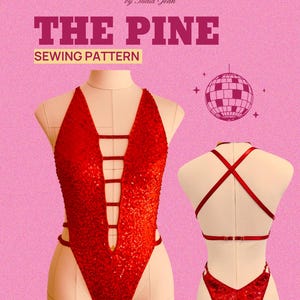 May include: A red sequined halter-neck bodysuit sewing pattern, displayed on a mannequin. The design features cut-out details and a matching thong. The text "THE PINE SEWING PATTERN" is visible. The background is pink with a disco ball graphic.