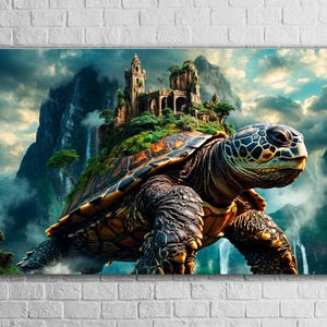 Majestic mountain turtle in an enchanted landscape on tempered glass
