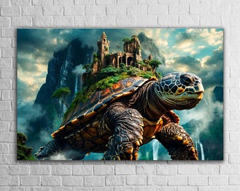 Impresión de una majestuosa tortuga de montaña sobre vidrio templado, arte mural con pintura animal, paisaje encantado con cascadas y exuberante vegetación.
