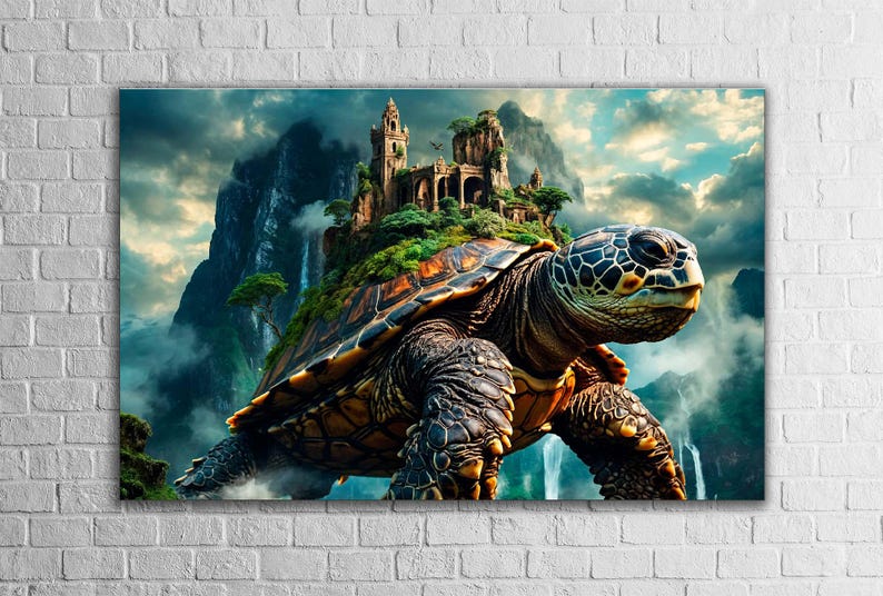 Majestic mountain turtle in an enchanted landscape on tempered glass