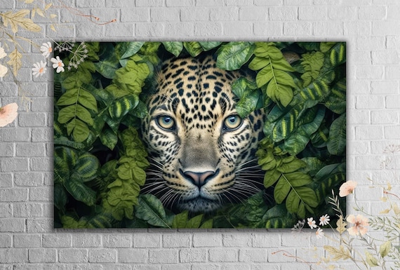 Mysterious Leopard Wall Art, Jungle Peek-a-Boo Tempered Glass Print, Animal Painting, Wild Cat in Leaves, Sneaky Jungle Vibe, Ready to Hang