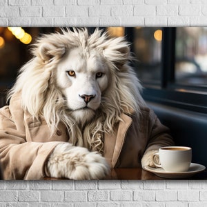 Majestic White Lion in Coat Drinks Coffee Tempered Glass Wall Art, Big Cat Artwork, Animal Painting, Unique Wildlife