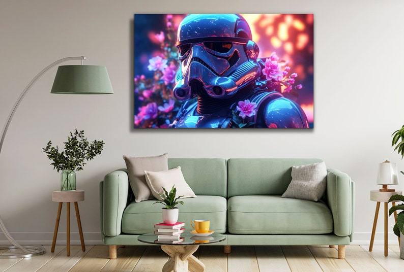 Wall hanging tempered glass print wall art, cyberpunk style star wars stormtrooper print painting, Ready to Hang