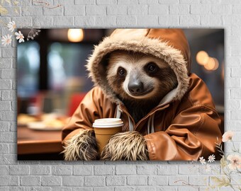 Lindo perezoso en un arte de pared de abrigo, escena de relajación de café, impresión de vidrio templado, decoración moderna de hogar y café, regalo de amante de la pereza