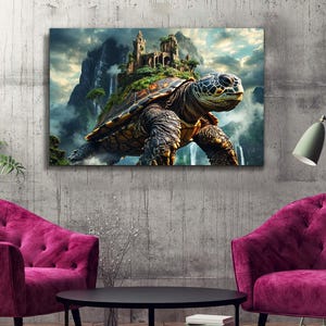 Majestic mountain turtle in an enchanted landscape on tempered glass