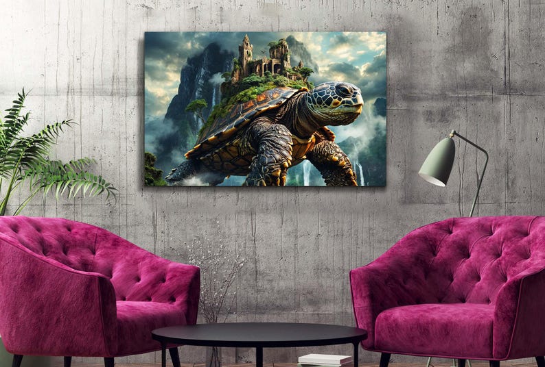 Majestic mountain turtle in an enchanted landscape on tempered glass